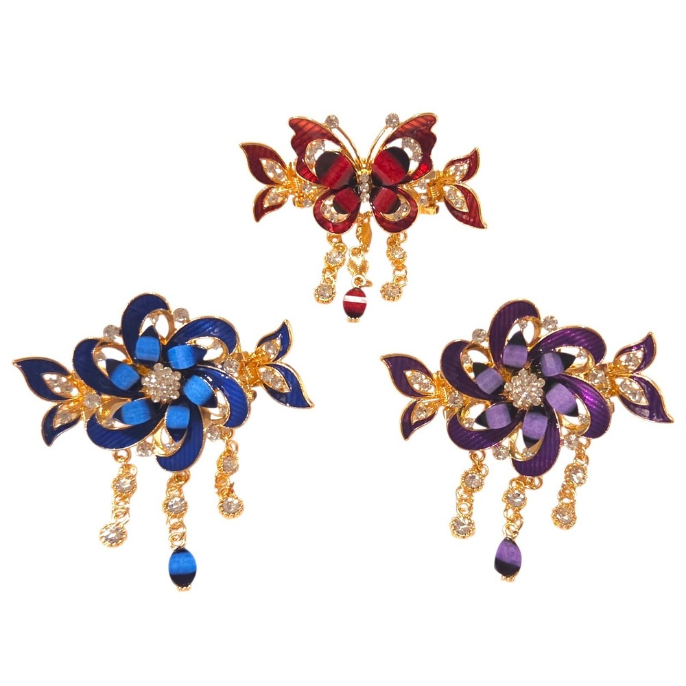 3 Tassel Hair Clips Butterfly Flowers Bridal Wedding Headdress Red Blue Purple